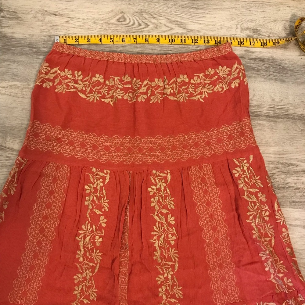 Hale Bob Regan Maxi Skirt Embroidered Rayon Crinkle Gauze Sz. Small Coral & Gold - Picture 11 of 14